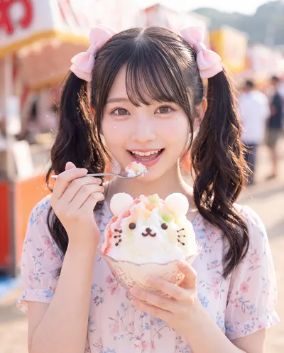 Rino eating cat-shaped shaved ice at a festival