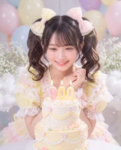 Rino in a frilled pastel dress with hair bows, hands clasped behind a tiered cake with 900 candles lit