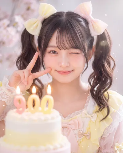 Rino in a pastel yellow and pink frilled dress with hair bows, winking behind a cake with lit 900 candles